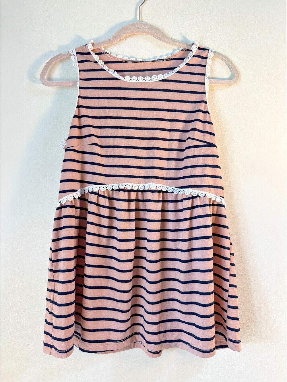 Women's Pink Black Stripe Lace Trim Shirt Size S Sleeveless Skater Style